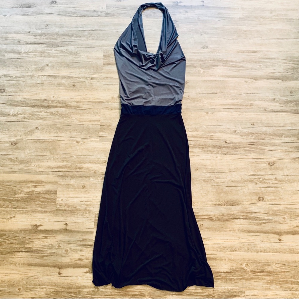 VINTAGE COLOR BLOCK SLINKY HALTER GOWN